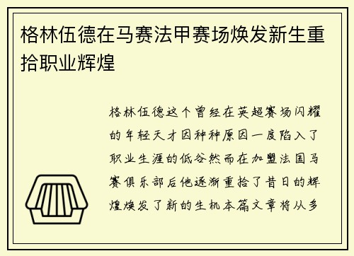 格林伍德在马赛法甲赛场焕发新生重拾职业辉煌 格林伍德在马赛法甲赛场焕发新生重拾职业辉煌